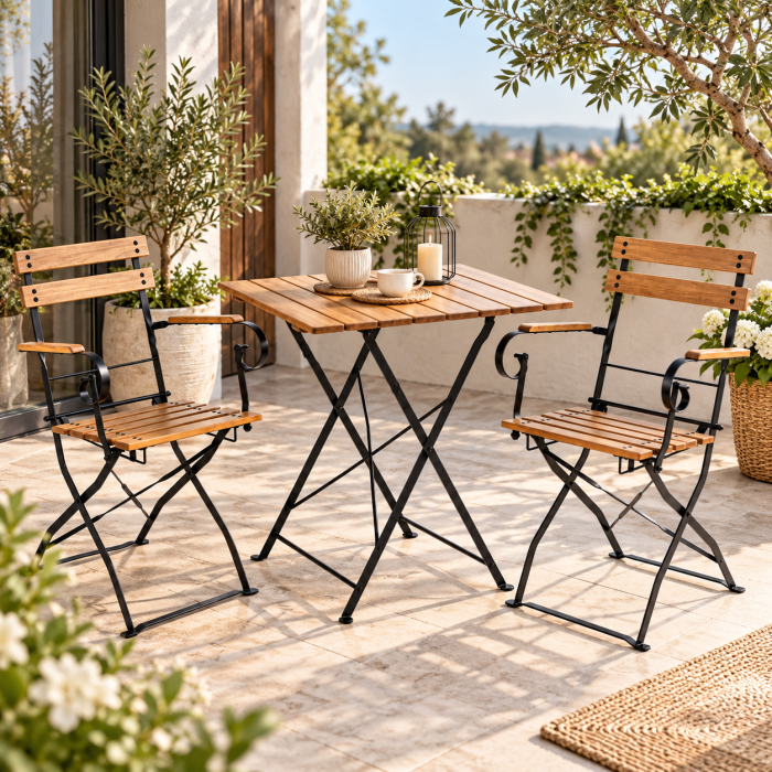 Set mobilier bistro pliabil pentru gradina, terasa si balcon, 3 piese, masa 70x70 cm si 2 scaune, structura rezistenta din otel si lemn de salcam, des [7]