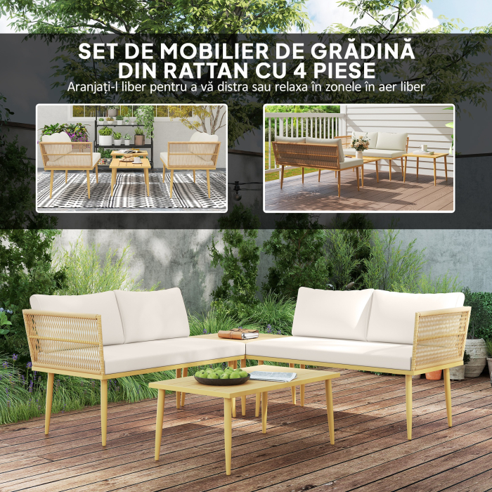  Set Mobilier de Exterior din Ratan PE cu 2 Canapele de 2 Locuri cu Perne si 2 Mese de Cafea, Culoare Lemn [4]