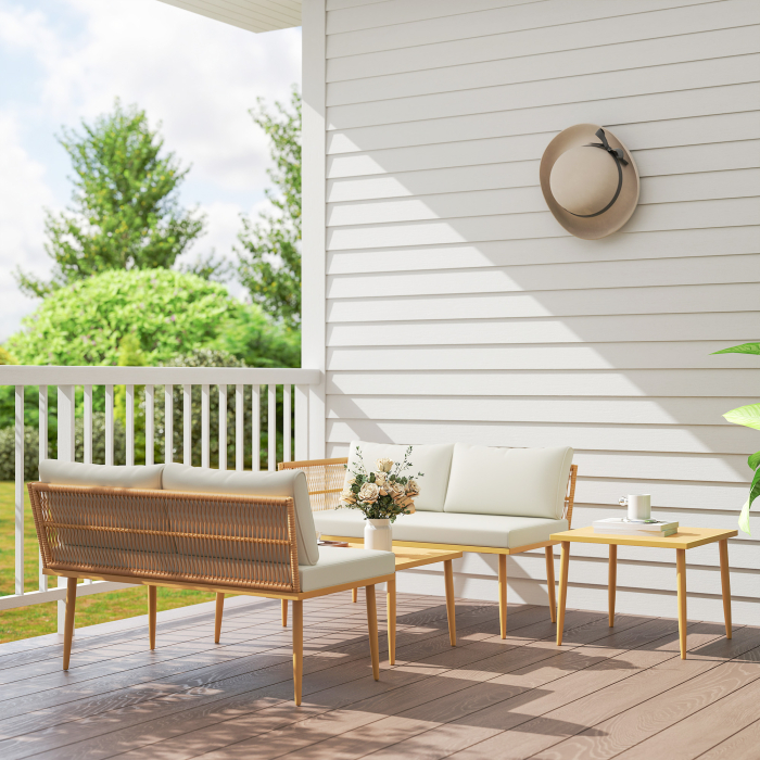  Set Mobilier de Exterior din Ratan PE cu 2 Canapele de 2 Locuri cu Perne si 2 Mese de Cafea, Culoare Lemn [8]