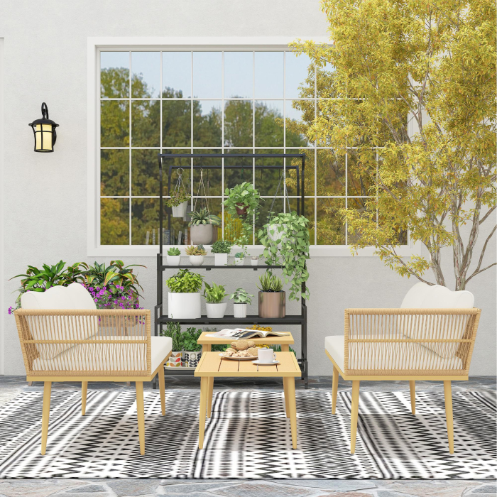  Set Mobilier de Exterior din Ratan PE cu 2 Canapele de 2 Locuri cu Perne si 2 Mese de Cafea, Culoare Lemn [9]