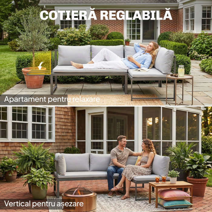  Set Mobilier de Gradina 3 Piese cu Coltar 4 Locuri si Masuta, Metal si Poliester Gri [5]