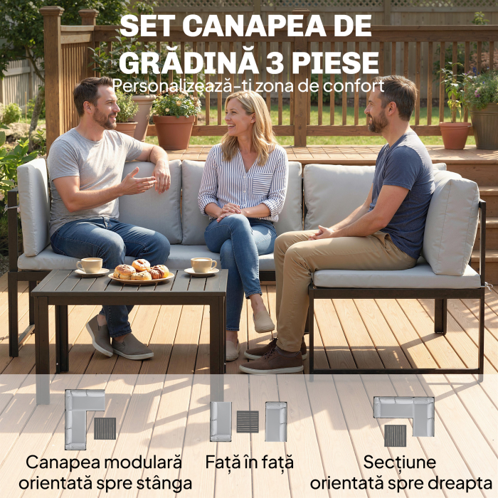  Set Mobilier de Gradina 3 Piese cu Coltar 4 Locuri si Masuta, Metal si Poliester Gri [4]