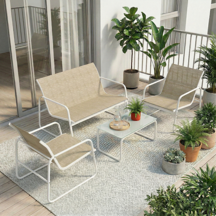 Set Mobilier de Gradina 4 Piese cu Canapea, Fotolii si Masa, Kaki si Alb [9]