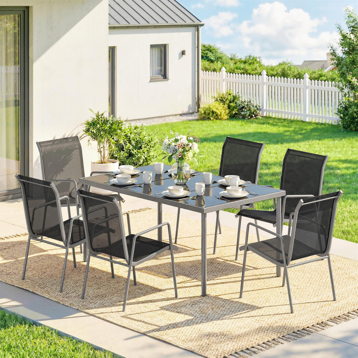 Set mobilier de gradina , 7 piese, cu 6 scaune stivuibile din Textilena si masa cu blat din sticla, Negru si Argintiu [2]
