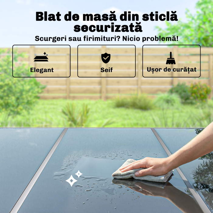 Set mobilier de gradina , 7 piese, cu 6 scaune stivuibile din Textilena si masa cu blat din sticla, Negru si Argintiu [7]