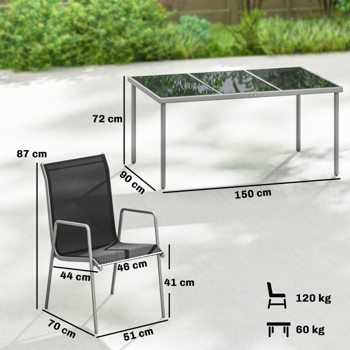 Set mobilier de gradina , 7 piese, cu 6 scaune stivuibile din Textilena si masa cu blat din sticla, Negru si Argintiu [3]