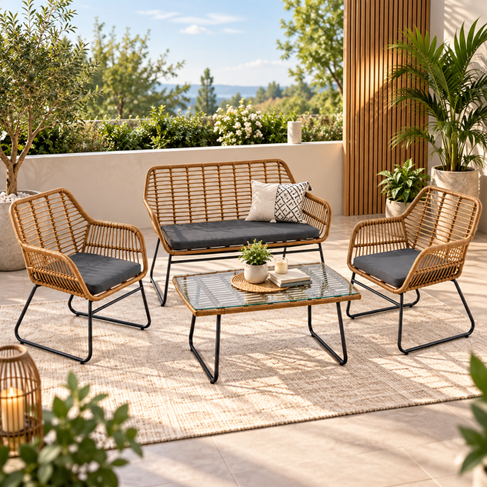 Set mobilier de gradina 7 piese din ratan PE rezistent la intemperii, cu canapea 2 locuri, fotolii, masa si perne de sezut incluse, design modern si u [5]