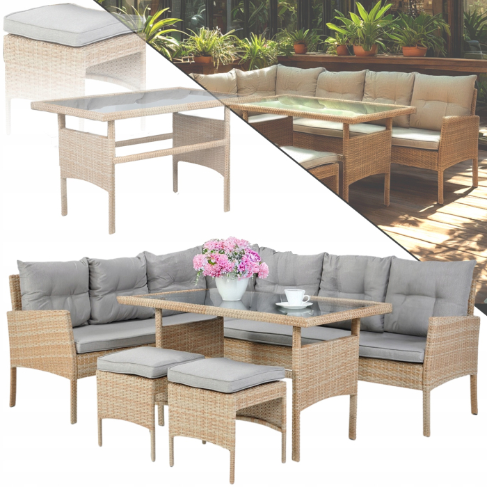 Set mobilier de gradina Berno coltar cu perne, 2 tabureti si masa, cadru otel si ratan sintetic, blat sticla securizata, bej [9]