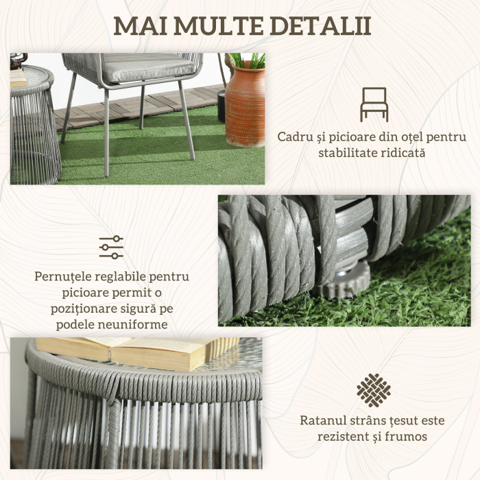  Set Mobilier de Gradina cu 2 Scaune si Masuta de Cafea cu Blat din Sticla, Ø49x47 cm, Gri [6]