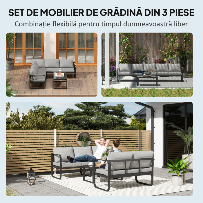  Set Mobilier de Gradina cu Canapea cu 3 Locuri, Canapea cu 2 Locuri si Masuta de Cafea, 180x60x64 cm, Gri [4]