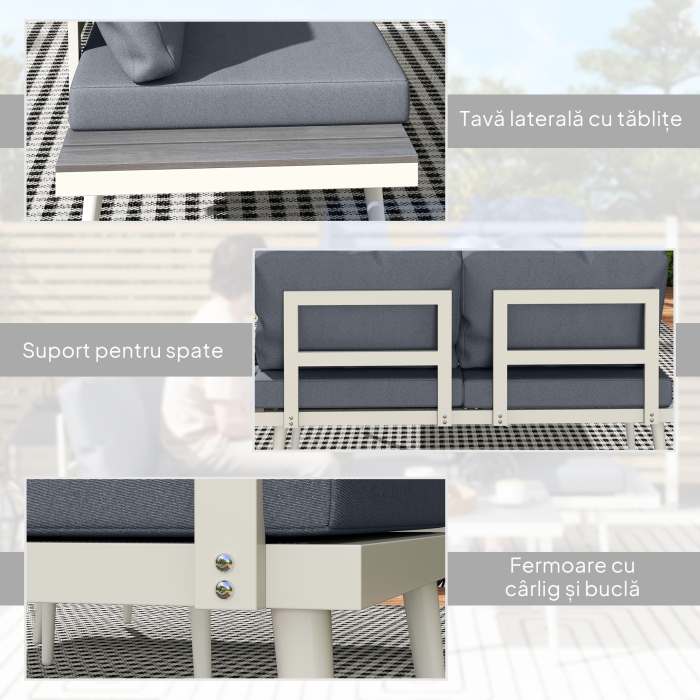  Set Mobilier de Gradina din 3 Piese cu 2 Canapele cu Spatar Reglabil in 5 Pozitii si Masuta, 139x63x65 cm, Gri [9]