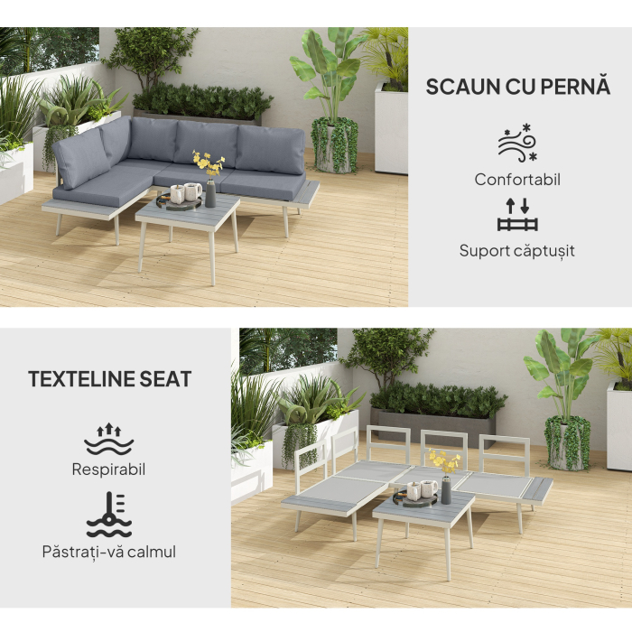  Set Mobilier de Gradina din 3 Piese cu 2 Canapele cu Spatar Reglabil in 5 Pozitii si Masuta, 139x63x65 cm, Gri [6]