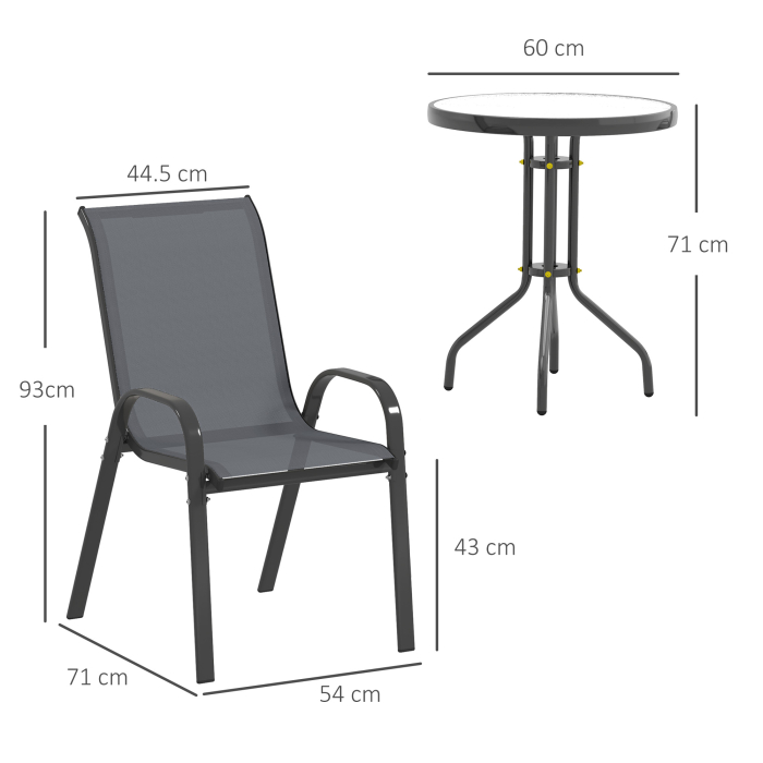  Set Mobilier de Gradina din 3 Piese cu Scaune Suprapozabile si Masa din Sticla, 54x71x93 cm, Gri inchis [3]