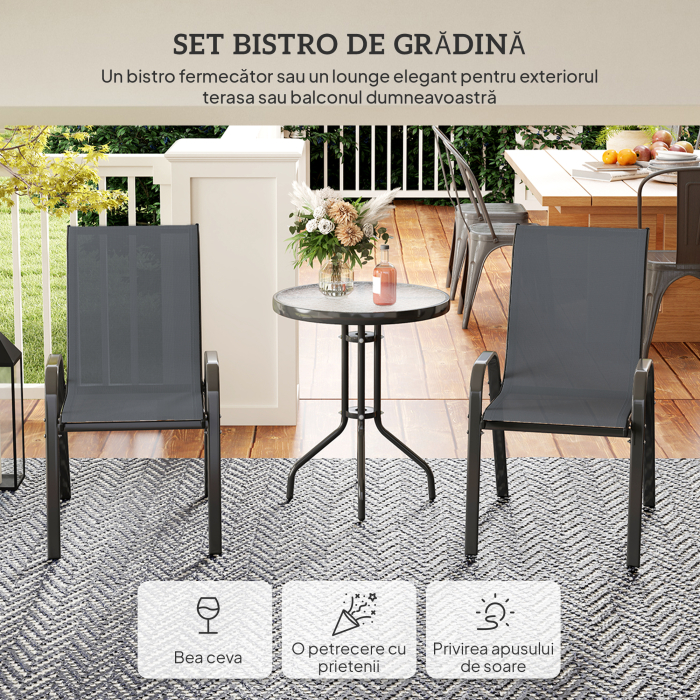  Set Mobilier de Gradina din 3 Piese cu Scaune Suprapozabile si Masa din Sticla, 54x71x93 cm, Gri inchis [4]