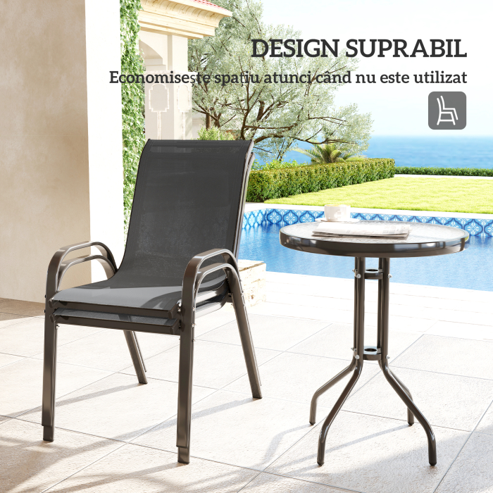  Set Mobilier de Gradina din 3 Piese cu Scaune Suprapozabile si Masa din Sticla, 54x71x93 cm, Gri inchis [5]