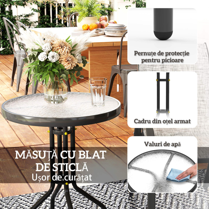  Set Mobilier de Gradina din 3 Piese cu Scaune Suprapozabile si Masa din Sticla, 54x71x93 cm, Gri inchis [7]