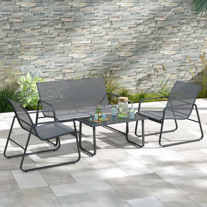  Set Mobilier de Gradina din 4 Piese, cu Banca de Exterior cu 2 Locuri, 2 Scaune si Masuta de Cafea cu Blat din Sticla Securizata, Set Mobilier de Exterior din Metal si Textilena, Gri Deschis [7]