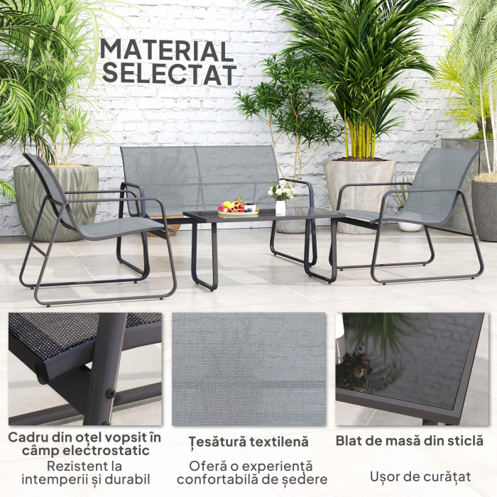  Set Mobilier de Gradina din 4 Piese, cu Banca de Exterior cu 2 Locuri, 2 Scaune si Masuta de Cafea cu Blat din Sticla Securizata, Set Mobilier de Exterior din Metal si Textilena, Gri Deschis [5]