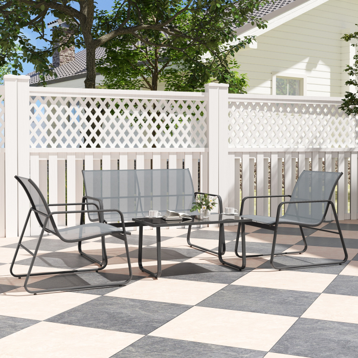  Set Mobilier de Gradina din 4 Piese, cu Banca de Exterior cu 2 Locuri, 2 Scaune si Masuta de Cafea cu Blat din Sticla Securizata, Set Mobilier de Exterior din Metal si Textilena, Gri Deschis [8]