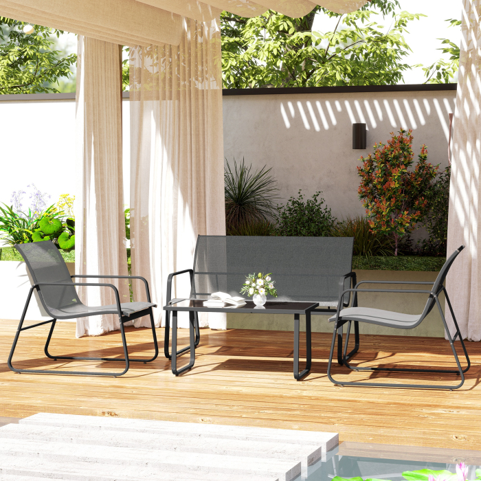 Set Mobilier de Gradina din 4 Piese, cu Banca de Exterior cu 2 Locuri, 2 Scaune si Masuta de Cafea cu Blat din Sticla Securizata, Set Mobilier de Exterior din Metal si Textilena, Gri Deschis [2]