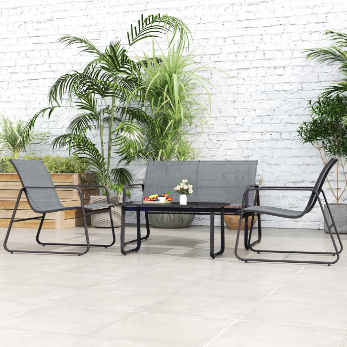  Set Mobilier de Gradina din 4 Piese, cu Banca de Exterior cu 2 Locuri, 2 Scaune si Masuta de Cafea cu Blat din Sticla Securizata, Set Mobilier de Exterior din Metal si Textilena, Gri Deschis [9]