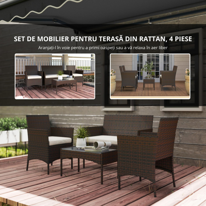 Set Mobilier de Gradina din 4 Piese cu Canapea, 2 Fotolii si Masuta de Cafea, 102x58x82 cm, Maro [7]