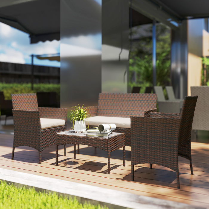  Set Mobilier de Gradina din 4 Piese cu Canapea, 2 Fotolii si Masuta de Cafea, 102x58x82 cm, Maro [2]