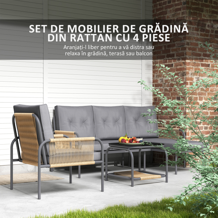  Set Mobilier de Gradina din 4 Piese cu Canapea, Fotoliu, sezlong si Masuta, 64x70x78 cm, Gri inchis [4]
