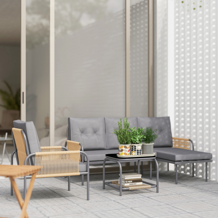  Set Mobilier de Gradina din 4 Piese cu Canapea, Fotoliu, sezlong si Masuta, 64x70x78 cm, Gri inchis [2]