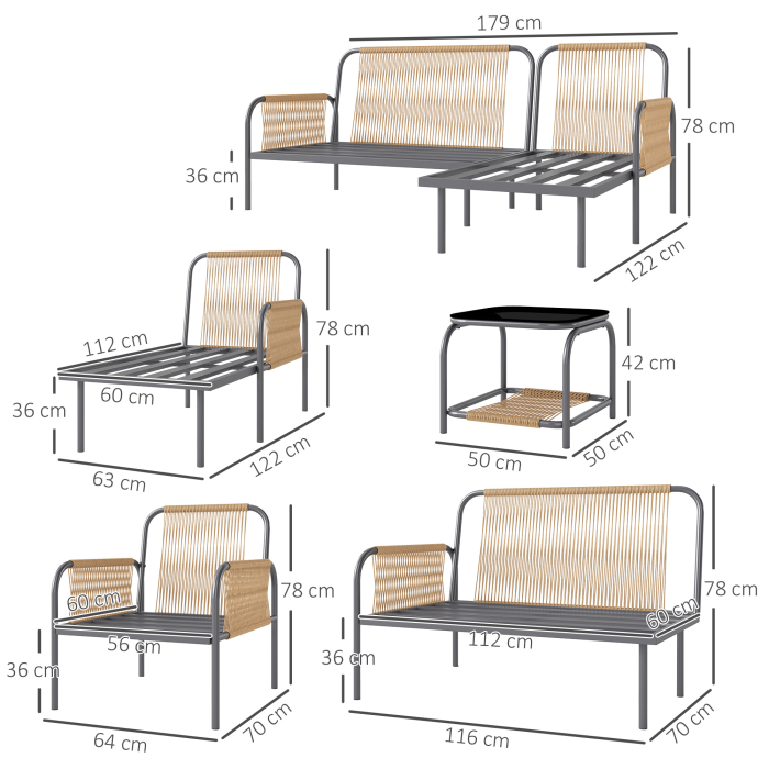  Set Mobilier de Gradina din 4 Piese cu Canapea, Fotoliu, sezlong si Masuta, 64x70x78 cm, Gri inchis [3]