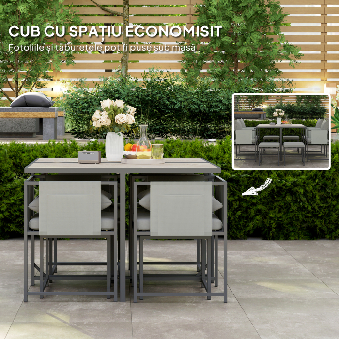  Set Mobilier de Gradina din 9 Piese cu Masa, 4 Fotolii si 4 Scaune, 110x110x75 cm, Gri [4]