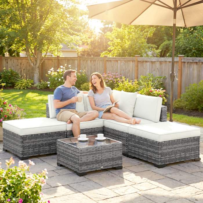  Set Mobilier de Gradina din Ratan, 6 Piese, Fotoliu Coltar, Canapele fara Brate, Suporturi pentru Picioare si Masuta, Gri Amestecat [9]