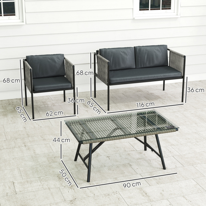  Set Mobilier de Gradina din Ratan cu 2 Fotolii, Canapea cu 2 Locuri si Masuta de Cafea din Sticla, Gri [3]