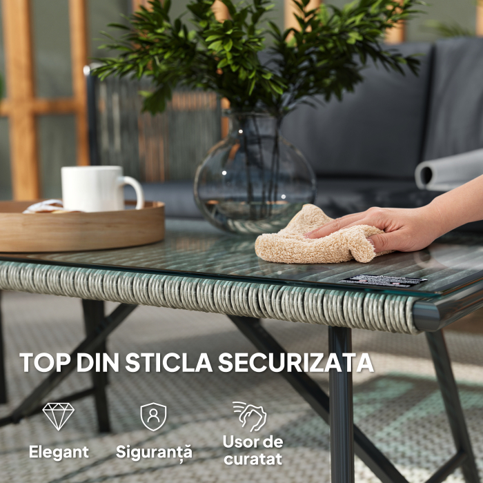  Set Mobilier de Gradina din Ratan cu 2 Fotolii, Canapea cu 2 Locuri si Masuta de Cafea din Sticla, Gri [7]
