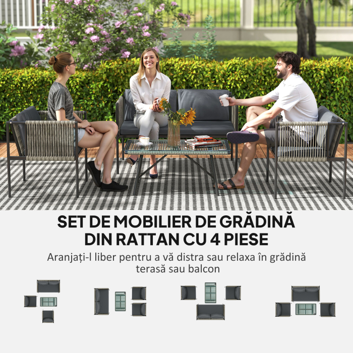  Set Mobilier de Gradina din Ratan cu 2 Fotolii, Canapea cu 2 Locuri si Masuta de Cafea din Sticla, Gri [4]