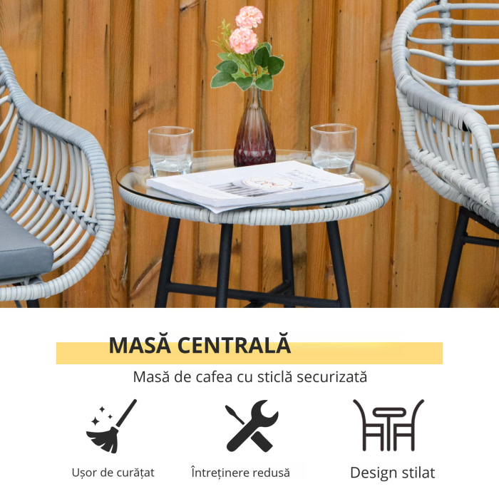  Set Mobilier de Gradina din Ratan PE de 3 Piese, Salon in Aer Liber cu 2 Scaune si Masa cu Blat de Sticla pentru Terasa si Bistrò, Gri [6]