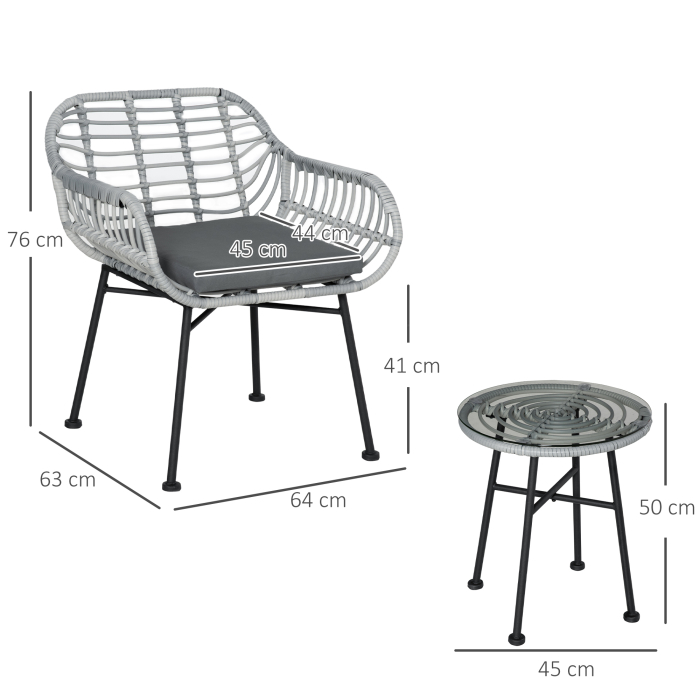  Set Mobilier de Gradina din Ratan PE de 3 Piese, Salon in Aer Liber cu 2 Scaune si Masa cu Blat de Sticla pentru Terasa si Bistrò, Gri [3]