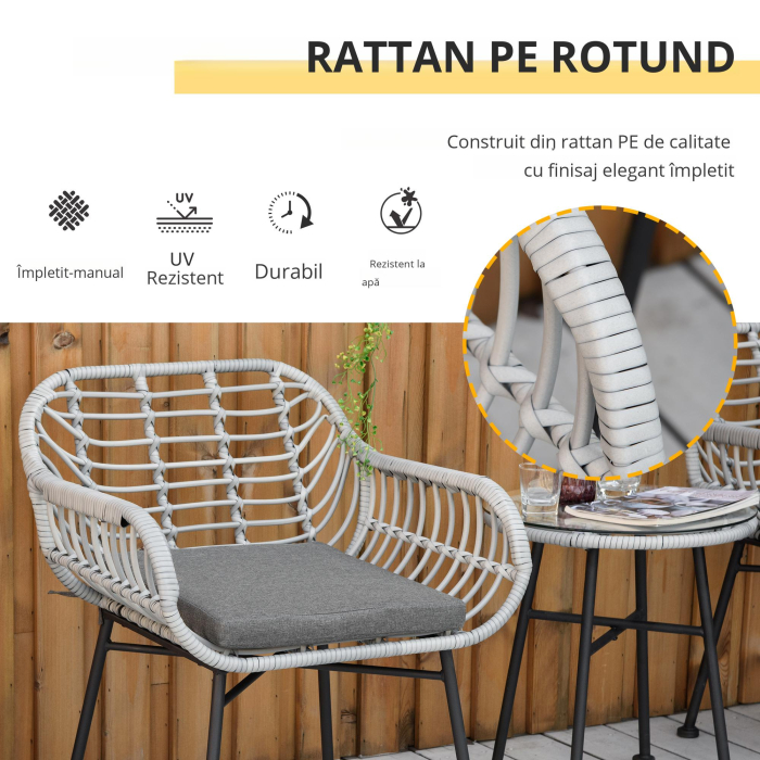  Set Mobilier de Gradina din Ratan PE de 3 Piese, Salon in Aer Liber cu 2 Scaune si Masa cu Blat de Sticla pentru Terasa si Bistrò, Gri [5]