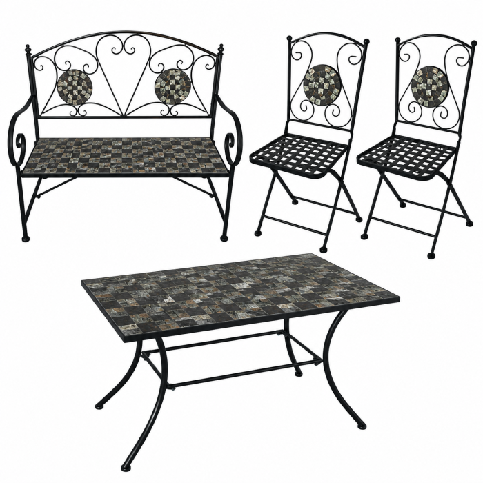 Set mobilier de gradina Gismo, 4 piese, masa cu blat din mozaic ceramic cu aspect de piatra naturala, banca pentru 2 persoane si 2 scaune pliabile pen [18]