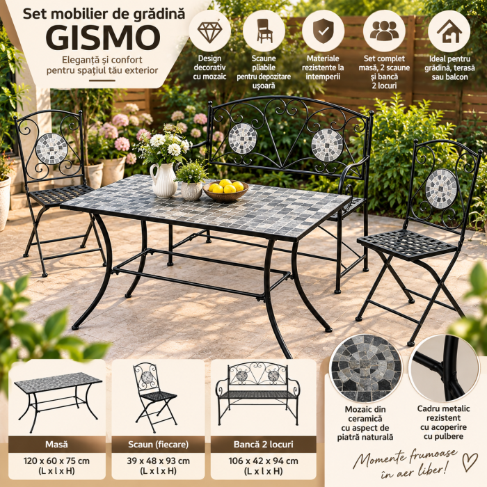 Set mobilier de gradina Gismo, 4 piese, masa cu blat din mozaic ceramic cu aspect de piatra naturala, banca pentru 2 persoane si 2 scaune pliabile pen [3]