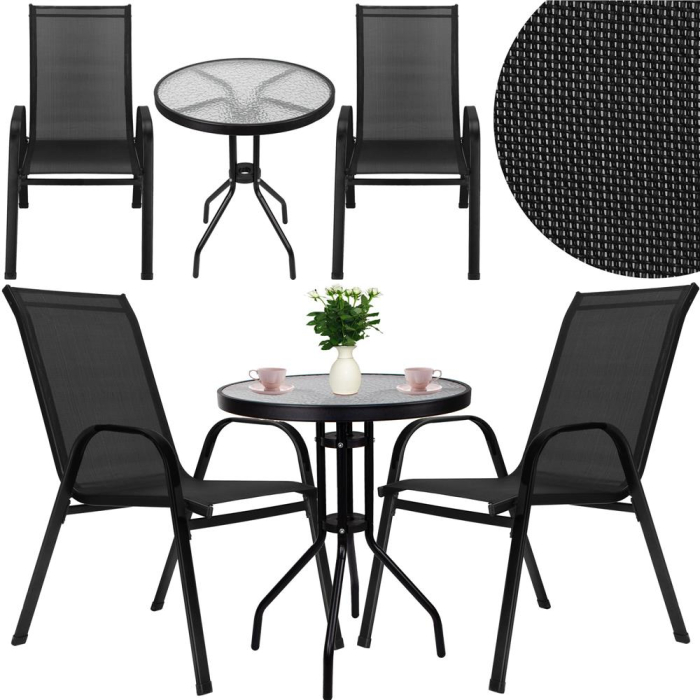 Set mobilier gradina, 2 scaune si masa rotunda, blat sticla, cadru metalic, 60x70 cm, negru [2]