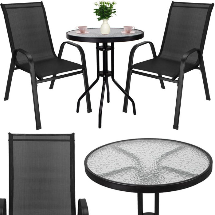 Set mobilier gradina, 2 scaune si masa rotunda, blat sticla, cadru metalic, 60x70 cm, negru [5]