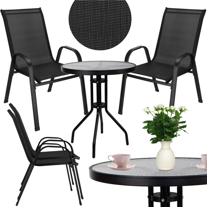 Set mobilier gradina, 2 scaune si masa rotunda, blat sticla, cadru metalic, 60x70 cm, negru [4]