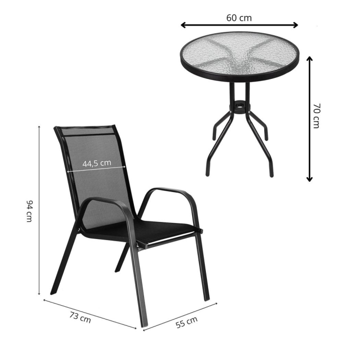 Set mobilier gradina, 2 scaune si masa rotunda, blat sticla, cadru metalic, 60x70 cm, negru [30]