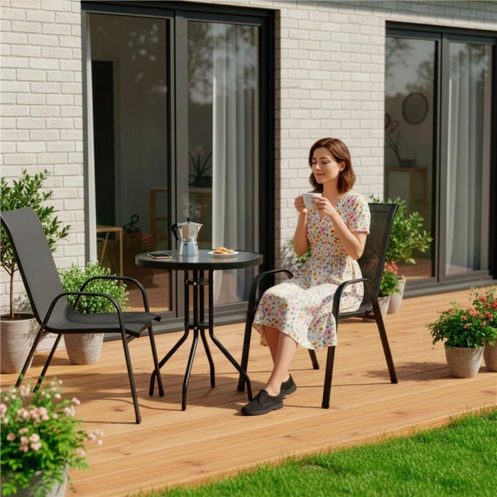 Set mobilier gradina, 2 scaune si masa rotunda, blat sticla, cadru metalic, 60x70 cm, negru [29]
