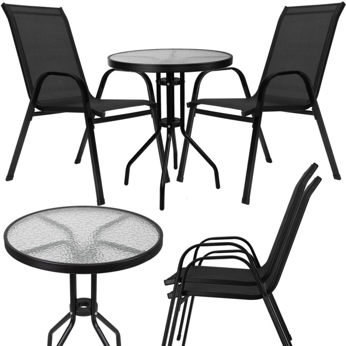 Set mobilier gradina, 2 scaune si masa rotunda, blat sticla, cadru metalic, 60x70 cm, negru [3]