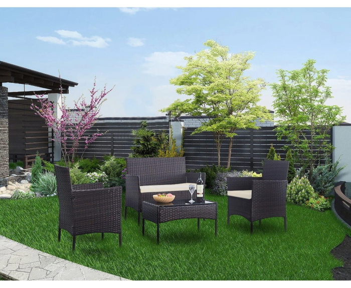 Set mobilier gradina 4 locuri, canapea 2 locuri, 2 fotolii si masa de sticla, tehnoratan, maro si crem [4]