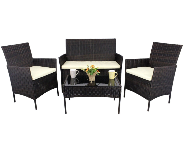 Set mobilier gradina 4 locuri, canapea 2 locuri, 2 fotolii si masa de sticla, tehnoratan, maro si crem [2]