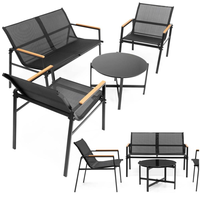 Set mobilier gradina 4 locuri, canapea 2 locuri, 2 scaune si masa rotunda sticla, cadru metalic, 119x71x82 cm, negru [3]