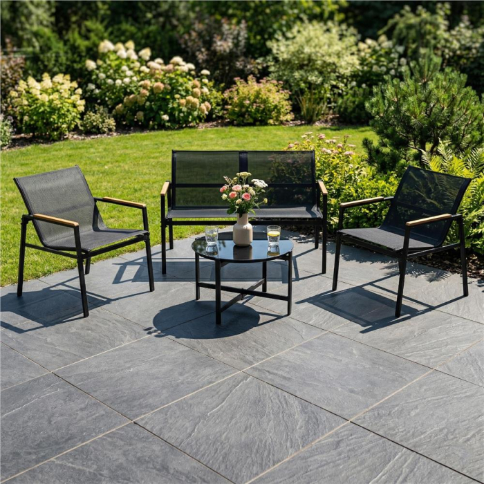 Set mobilier gradina 4 locuri, canapea 2 locuri, 2 scaune si masa rotunda sticla, cadru metalic, 119x71x82 cm, negru [26]